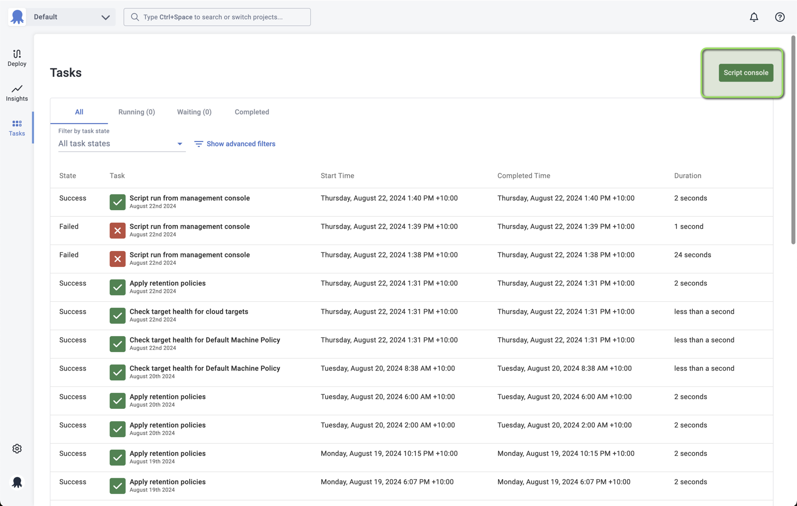 The Script Console button in the Tasks area
