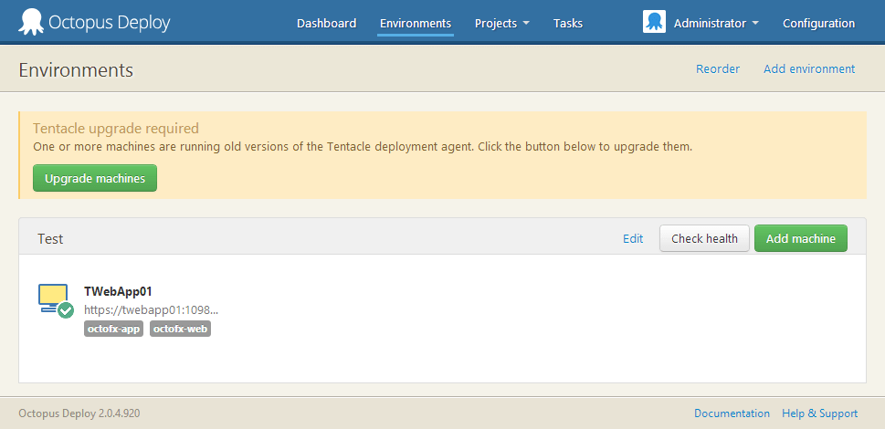 The Environments tab with Tentacles awaiting upgrade