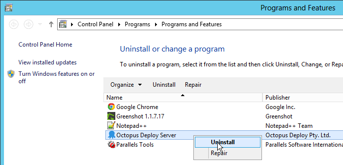 The Octopus Deploy entry in Programs and Features