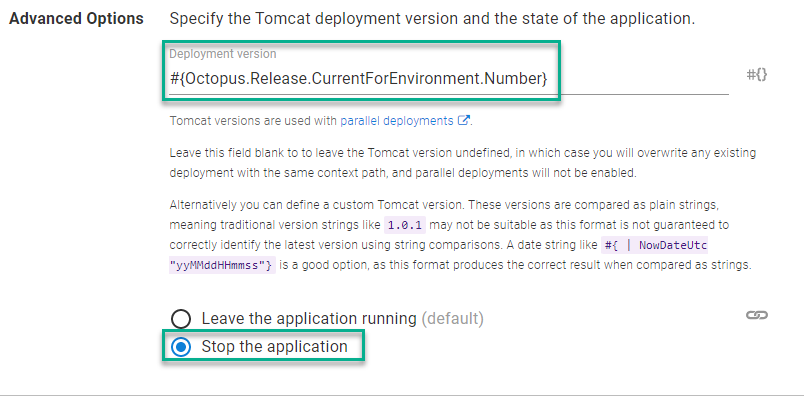The Stop the application option on the Tomcat step