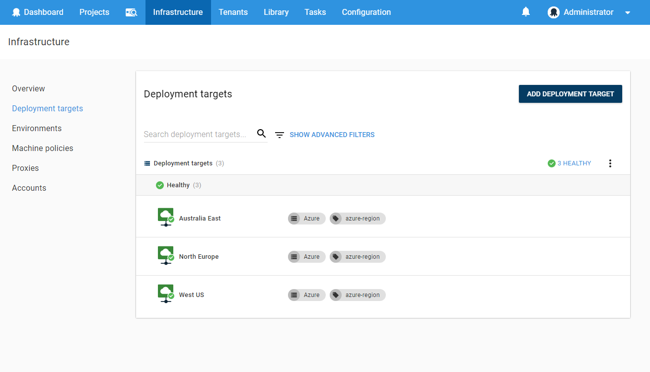 Cloud regions listed under Infrastructure ➜ Deployment Targets