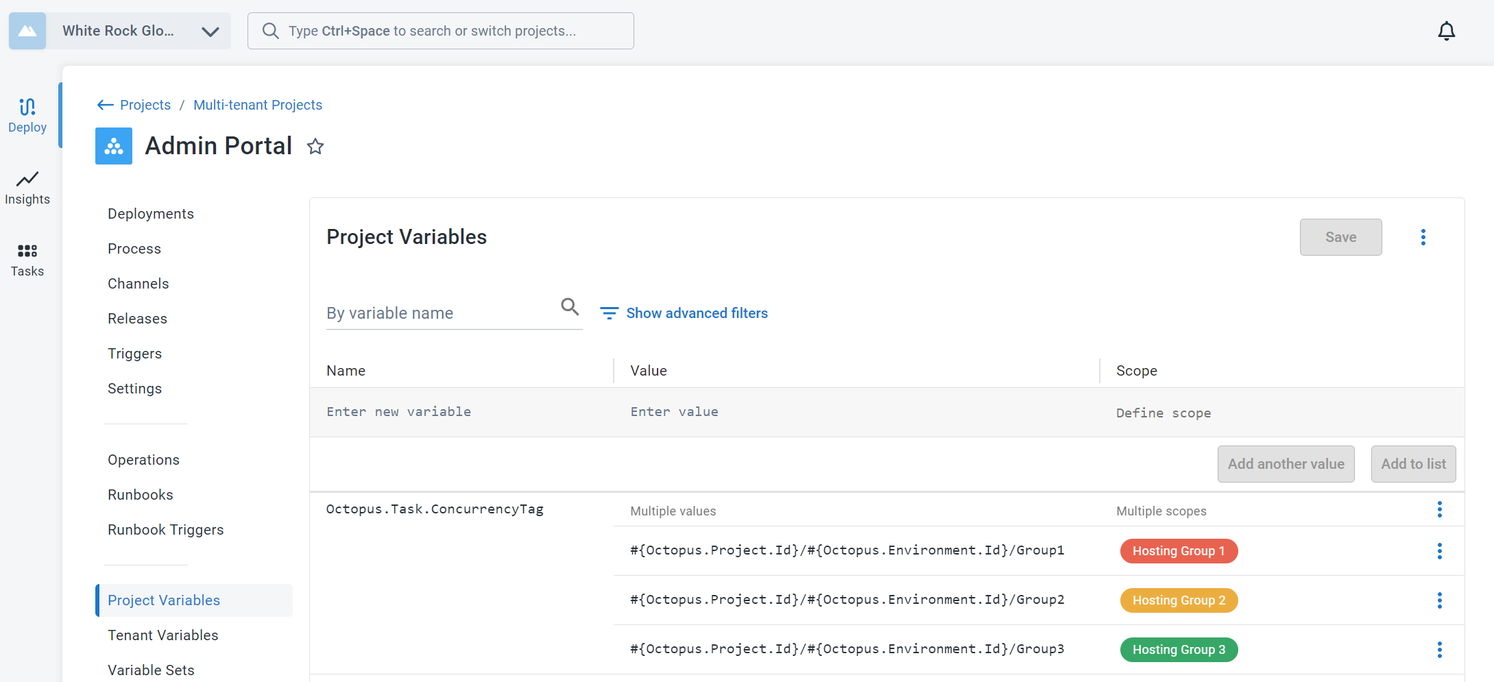 A variable scoped to a different value for each Hosting Group tenant tag
