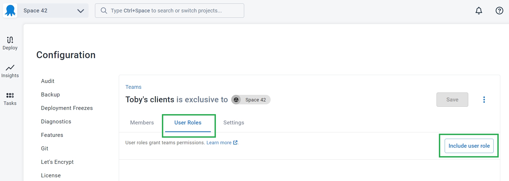 The Include user role button on the team’s User Roles tab