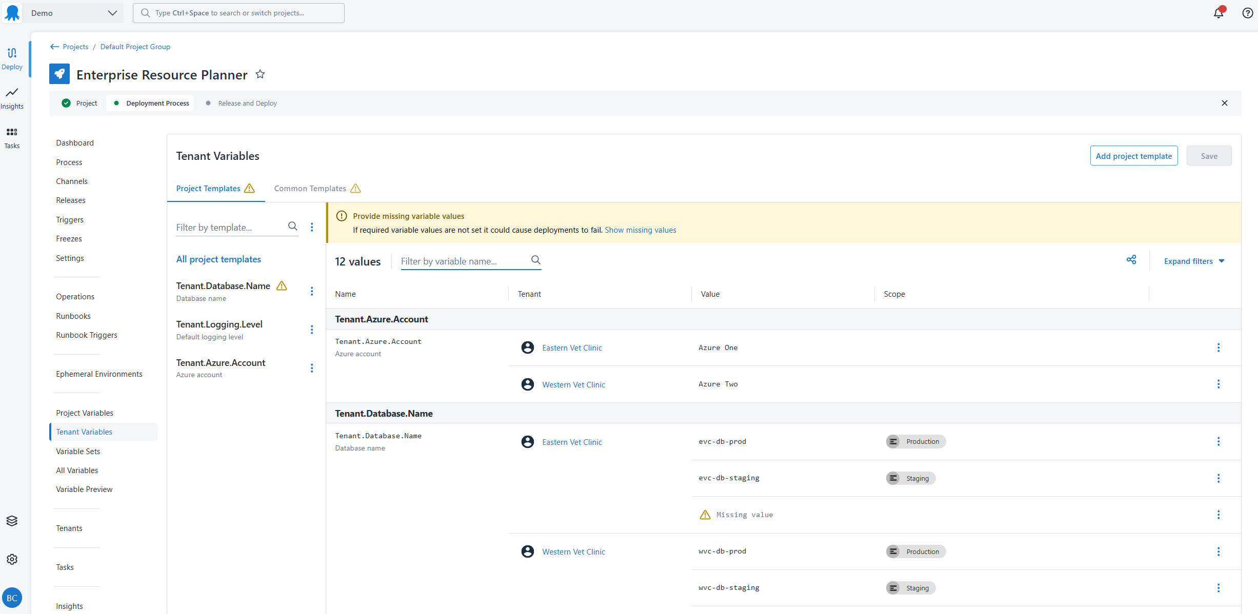 Project templates scoped to environments on the tenant variables screen